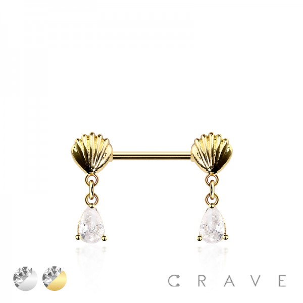 TEARDROP CZ DANGLE SEASHELL 316L SURGICAL STEEL NIPPLE RING TEARDROP CZ DANGLE SEASHELL 316L SURGICAL STEEL NIPPLE RING